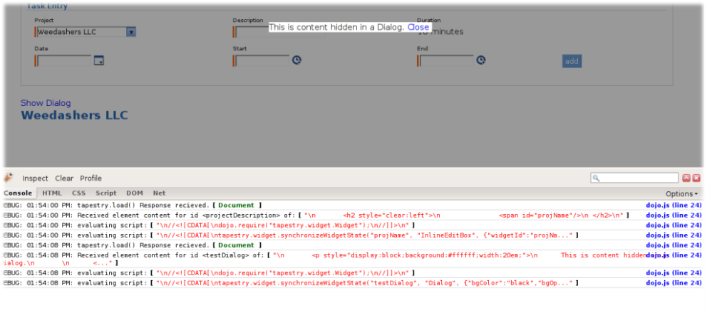 Sample firebug output with console debugging enabled.